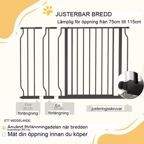 Justerbar säkerhetsgrind för hundar och bebisar – Svart 75-115cm, ingen borrning