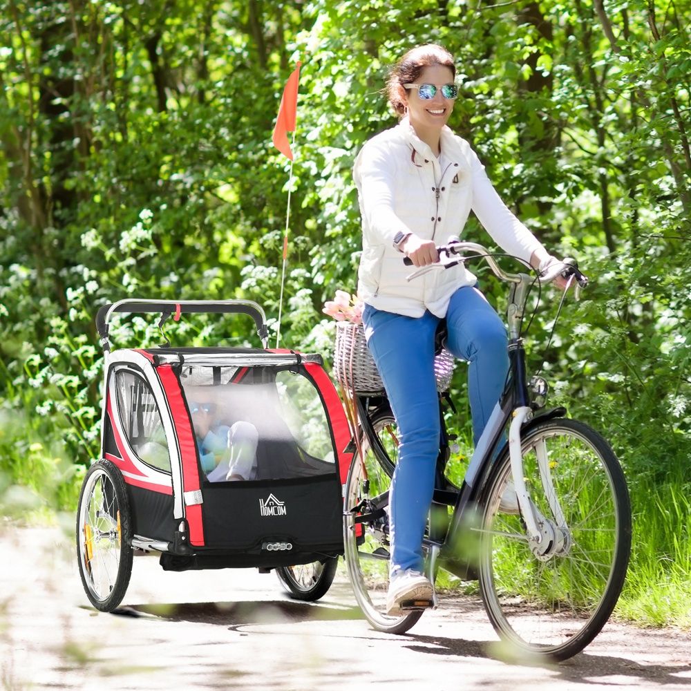 Barncykelvagn 2-i-1 med fjädring, säkerhetsbälten och bromsar, röd/svart