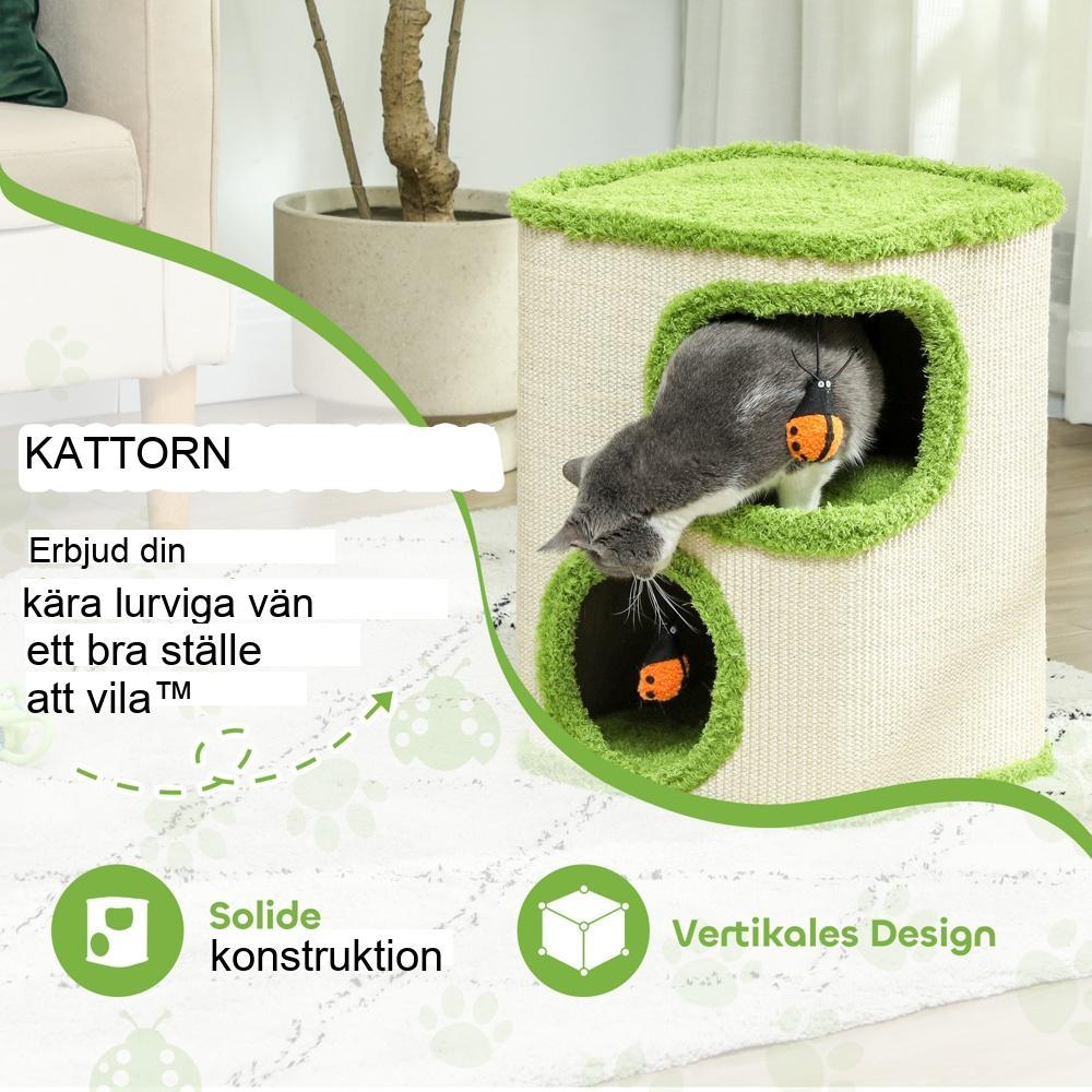 Grön+gräddvit kattskraptunna med grottor, sisal och plyschleksakstorn