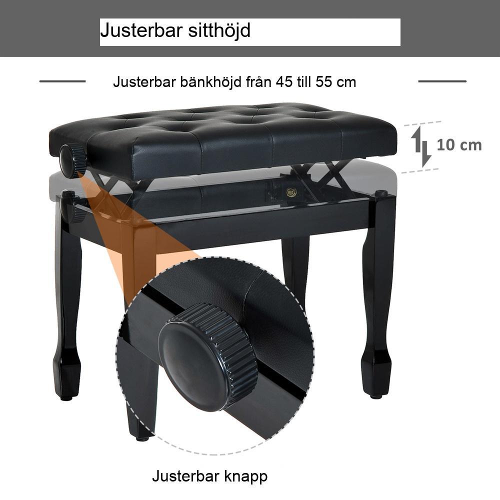 Justerbar höjd pianobänk med konstläder, massiv träkonstruktion