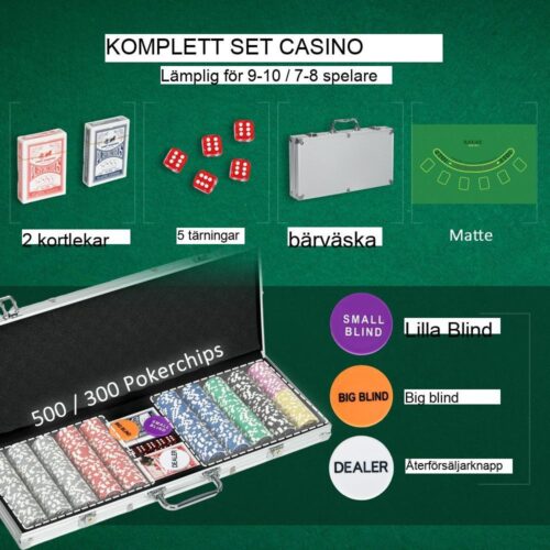 Professionell pokerset med 500 marker med lås, fodral och dealertillbehör