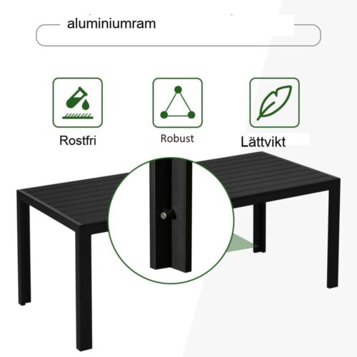 Svart Aluminium Trädgårdsmatbord 120x70cm Väderbeständigt och Modernt