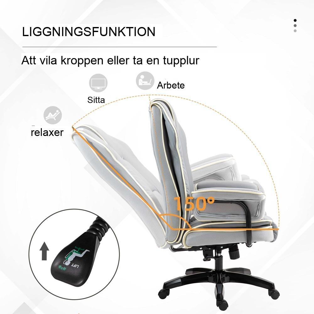 Ergonomisk kontorsstol med justerbart ryggstöd, höjd- och liggfunktion, ljusgrå