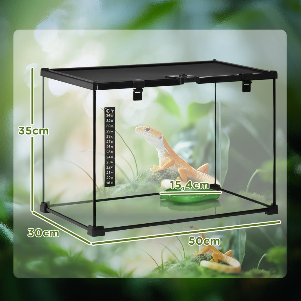 Reptilterrarium i glas med foderlåda och termometer – 50x30x35cm