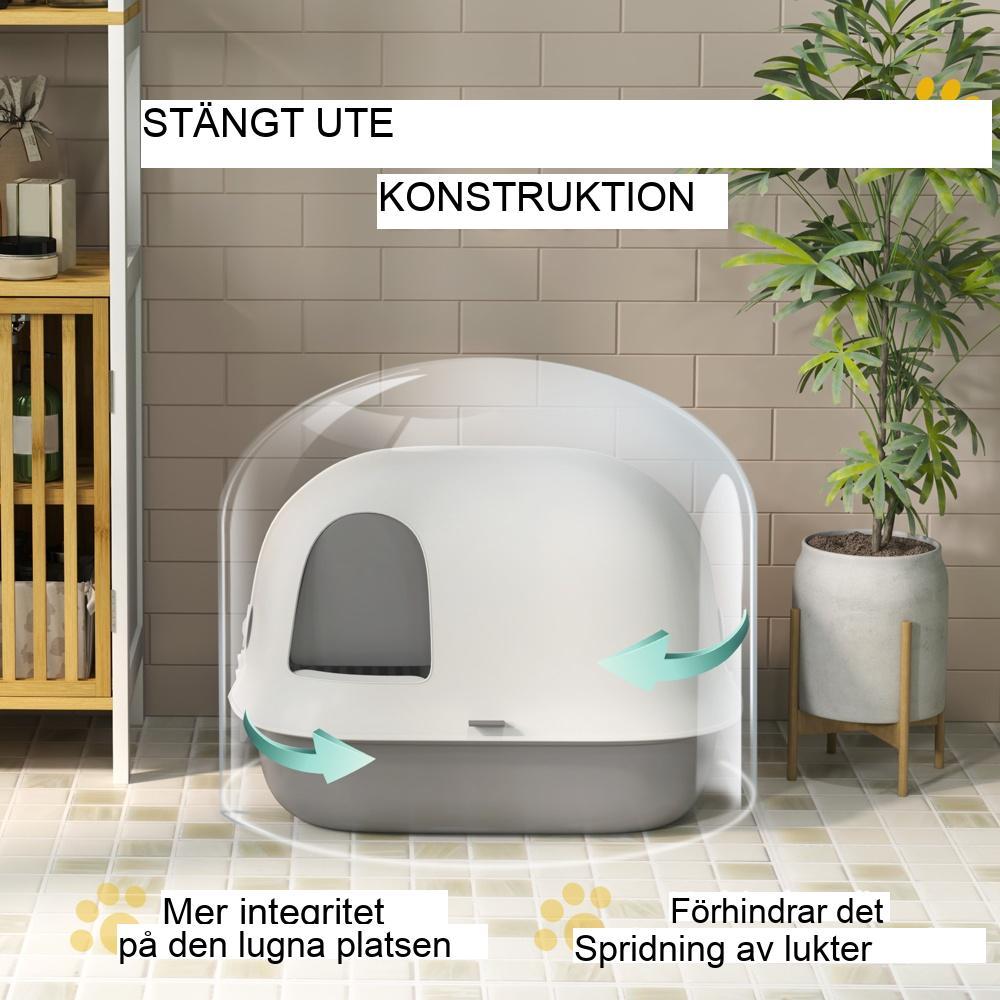 Stängd kattlåda med lock, skopa och sandavfallshål för små katter
