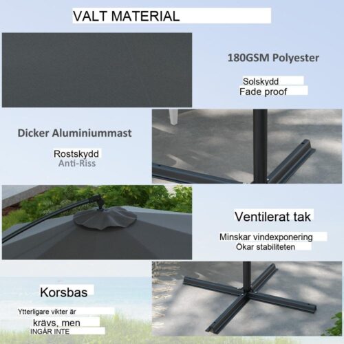 Cantilever Patio Paraply 3M med vev, tiltbar, ventilerad och tvärbas