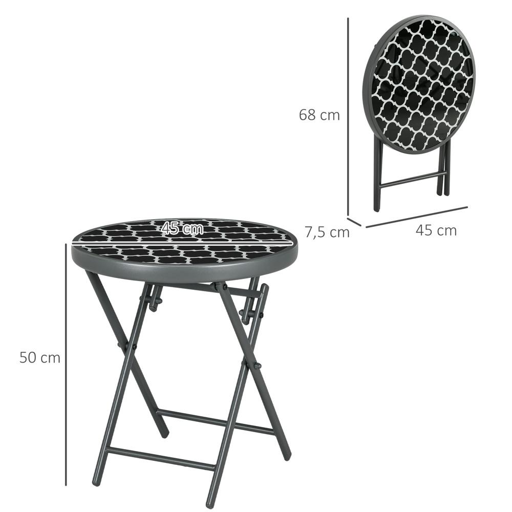 Svart hopfällbart uteplatsbord med glasskiva, runt sidobord för trädgård och camping