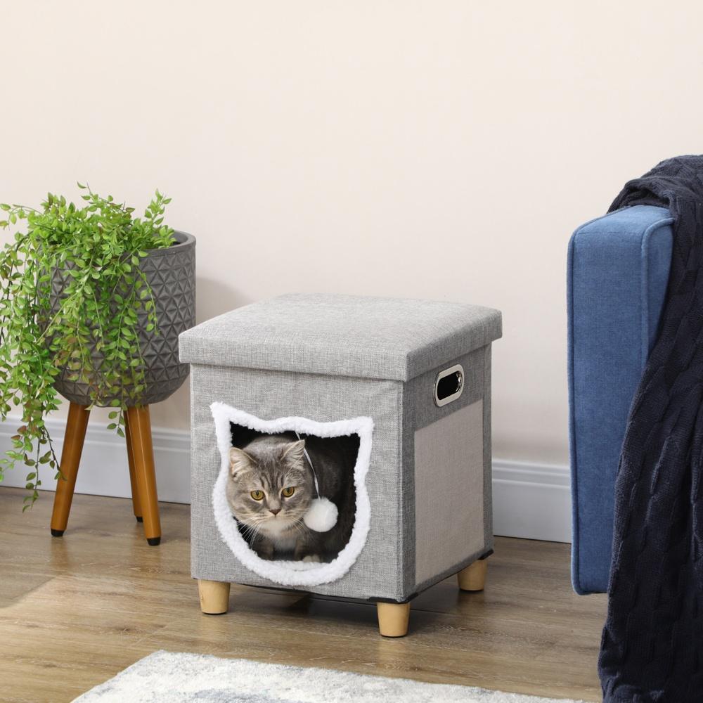 Grey Cat Cave Ottoman: Plyschkudde, skrapmatta och lekboll