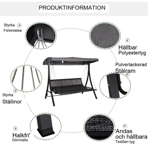 3-sits trädgårdsgunga med justerbart taktak och kuddar, kapacitet 270 kg