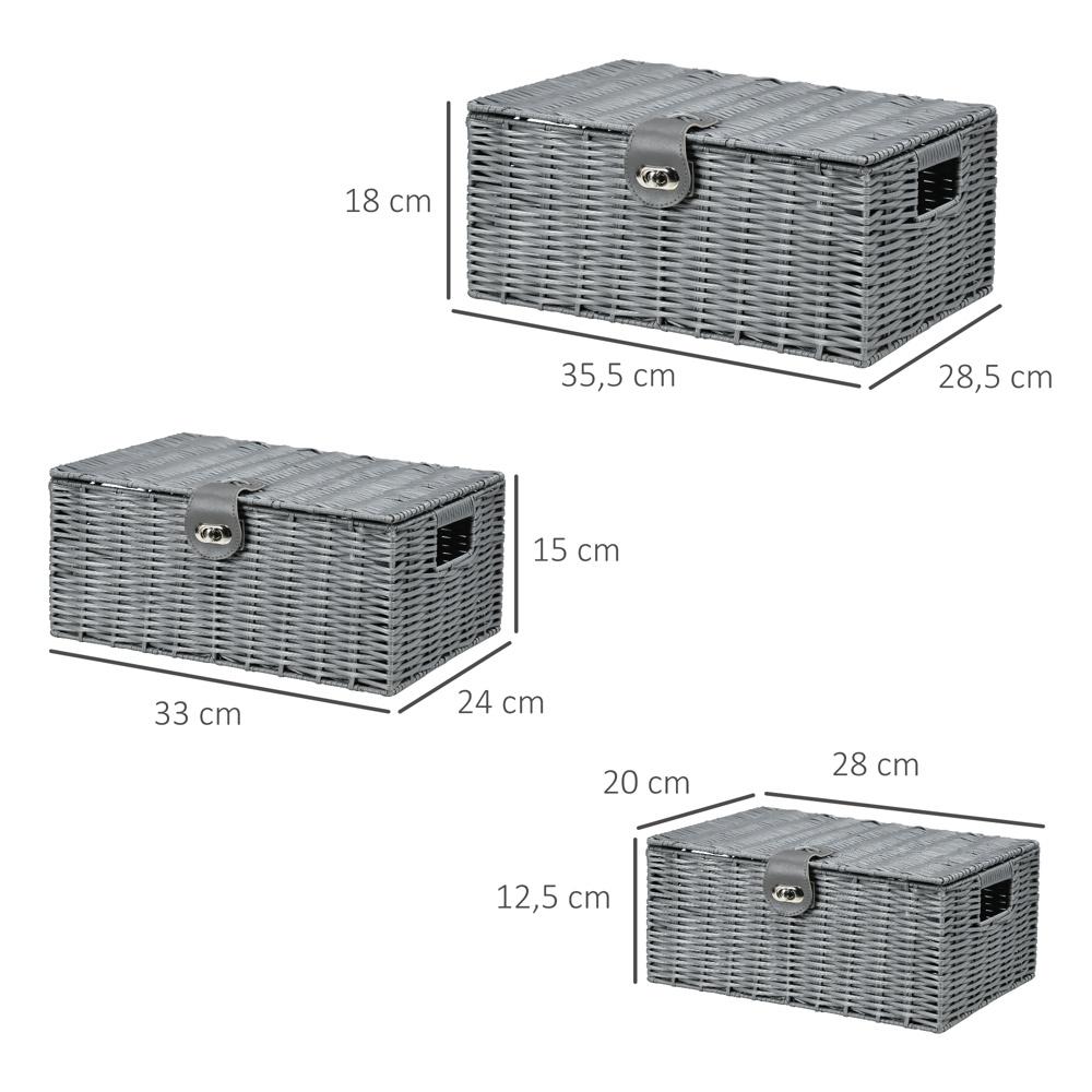 Handvävda förvaringslådor set om 3 med lock, grå (18L, 12L, 7L)