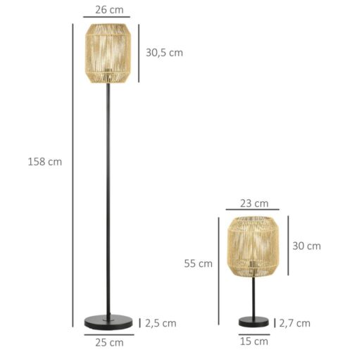 Modern 2-delad golv- och bordslampssats – linneskärm, svart metallfot