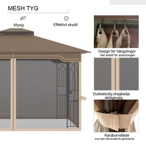 Rymligt lusthus i brunt och beige metall med dubbelt tak och myggnät