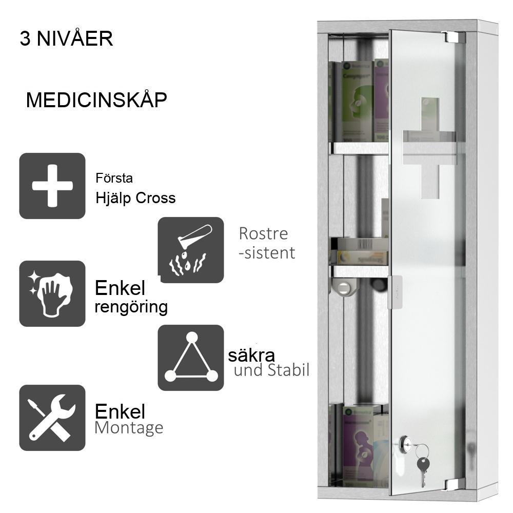 Silver Rostfritt stål Låsbart medicinskåp med frostat glas, första hjälpen kors och 3 hyllor