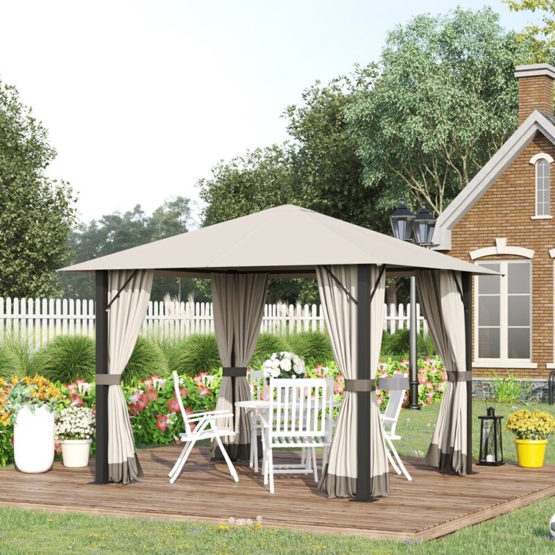 3x3m Khaki Aluminium Gazebo med Ventilation och Gardiner