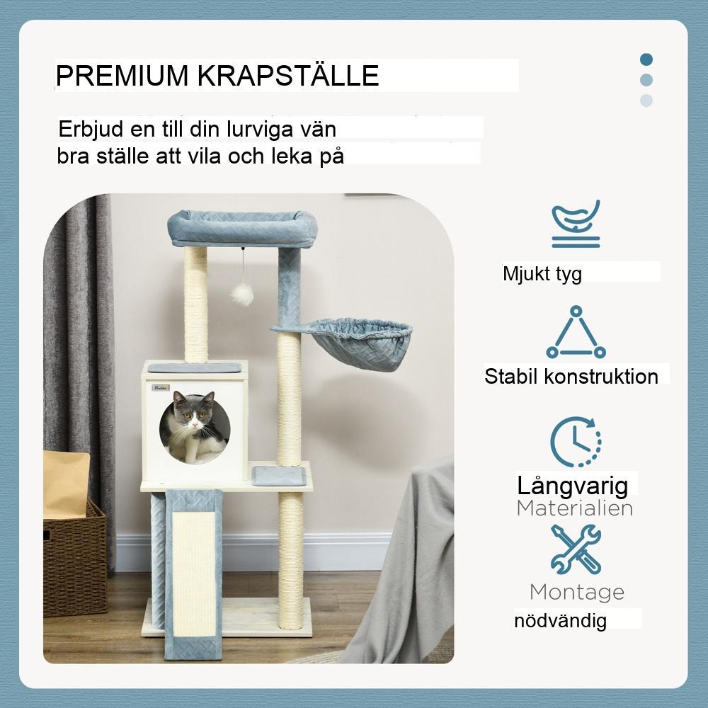 Blått 114 cm kattträd med skrapstolpar, hängmatta och lekboll