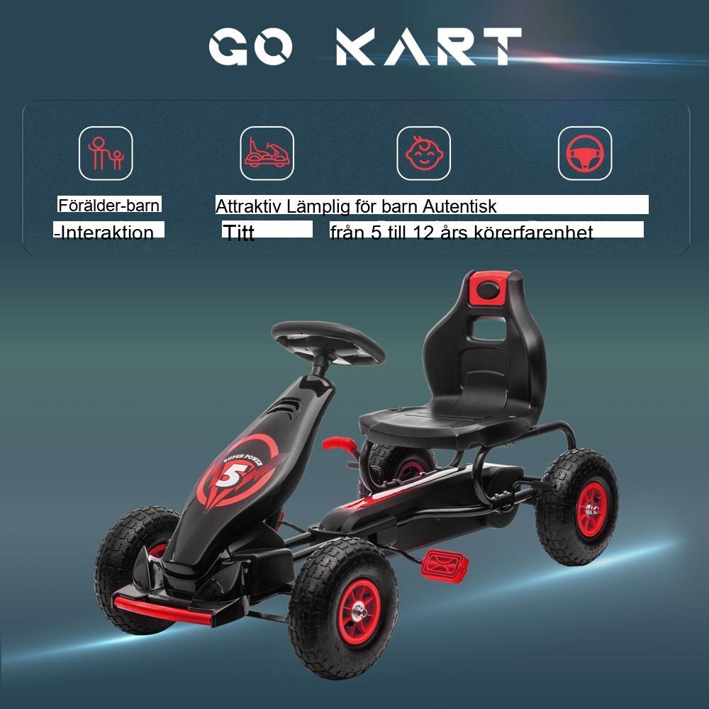 Röd+svart gokart för barn, justerbart säte, trampbil för åldrarna 5-12