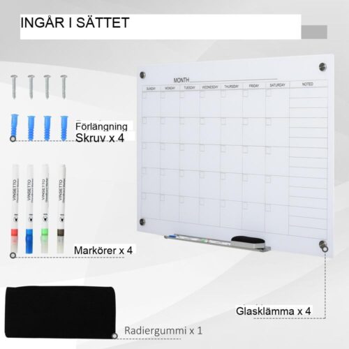 Vit glaskalendertavla med markörer, clips och bricka – 90x60cm