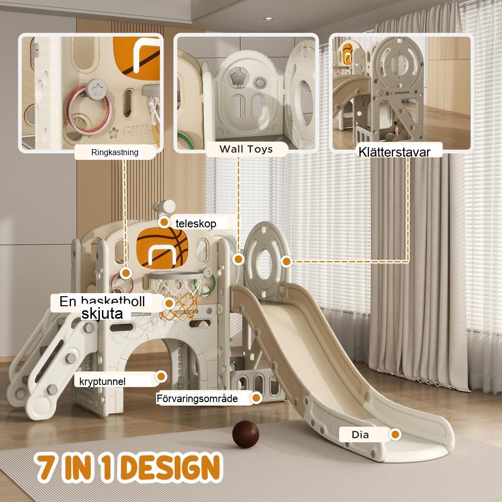7-i-1 rutschkana för barn med basketbåge, teleskop och tunnel för aktiv lek i åldrarna 1-6