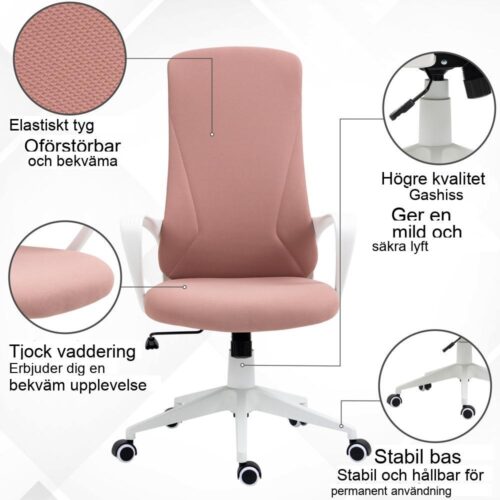 Ergonomisk kontorsstol med justerbar höjd och ryggstöd, rosa