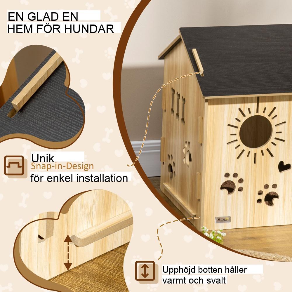 Hundhus i trä med ventilationsöppningar, ek och svart, inomhus/utomhus, små hundar