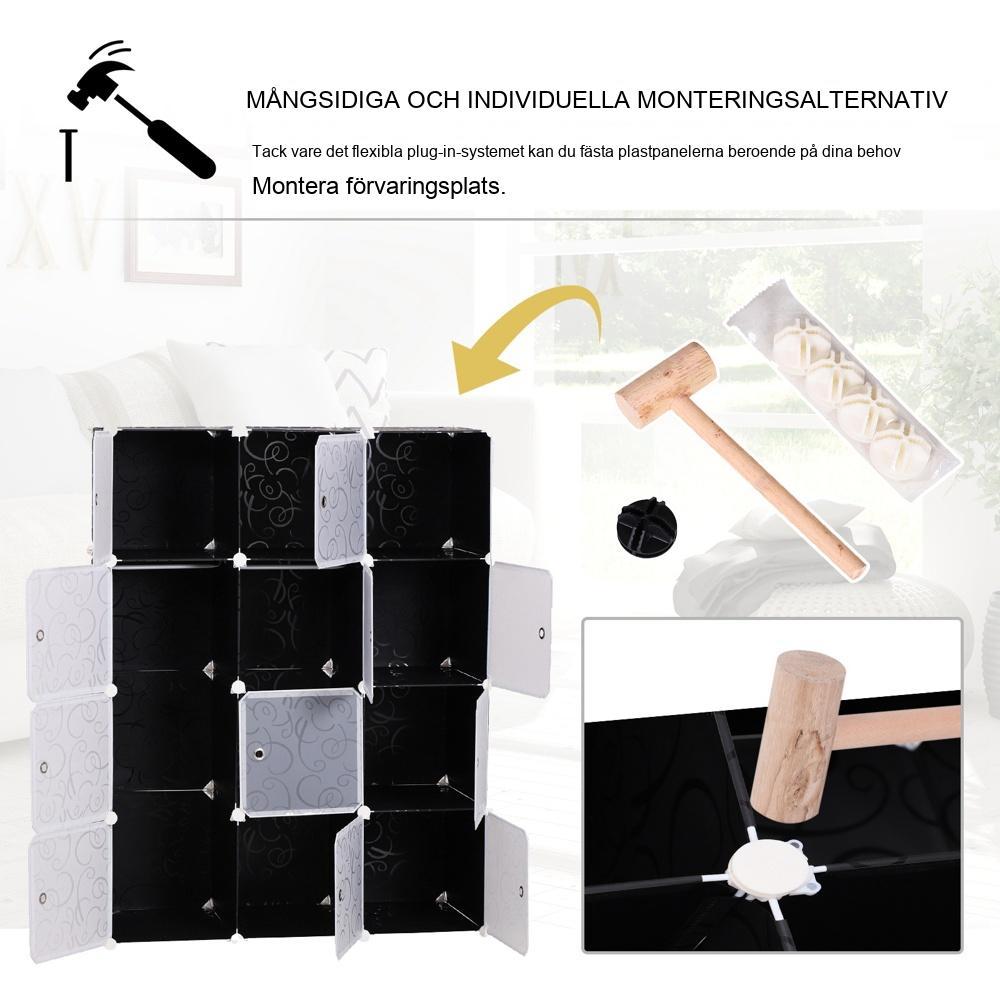 Modulärt garderobssystem med klädstång, plug-in hyllor, svart och vitt