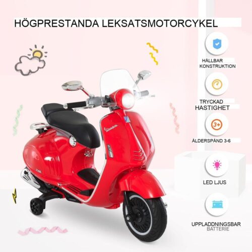 Licensierad Vespa Electric Kids Motorcykel med musik och lampor, åldrarna 3-6