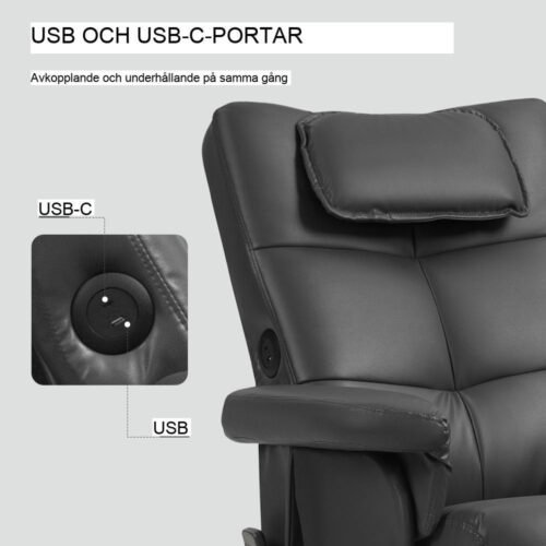 Svart massagefåtölj med fotpall, förvaring och USB-portar