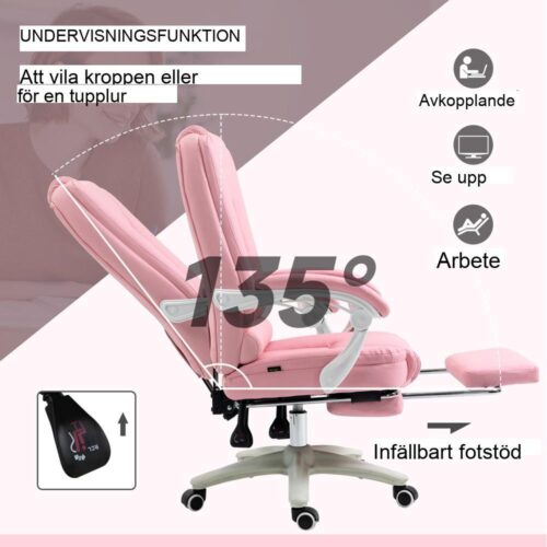 Ergonomisk kontorsstol med liggfunktion och fotstöd – Rosa