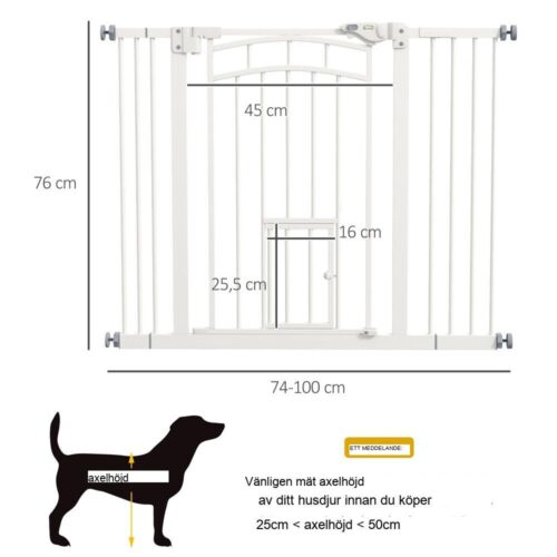 Vit automatisk stängande hundtrappgrind, kattlucka, 74-100 cm borrfri