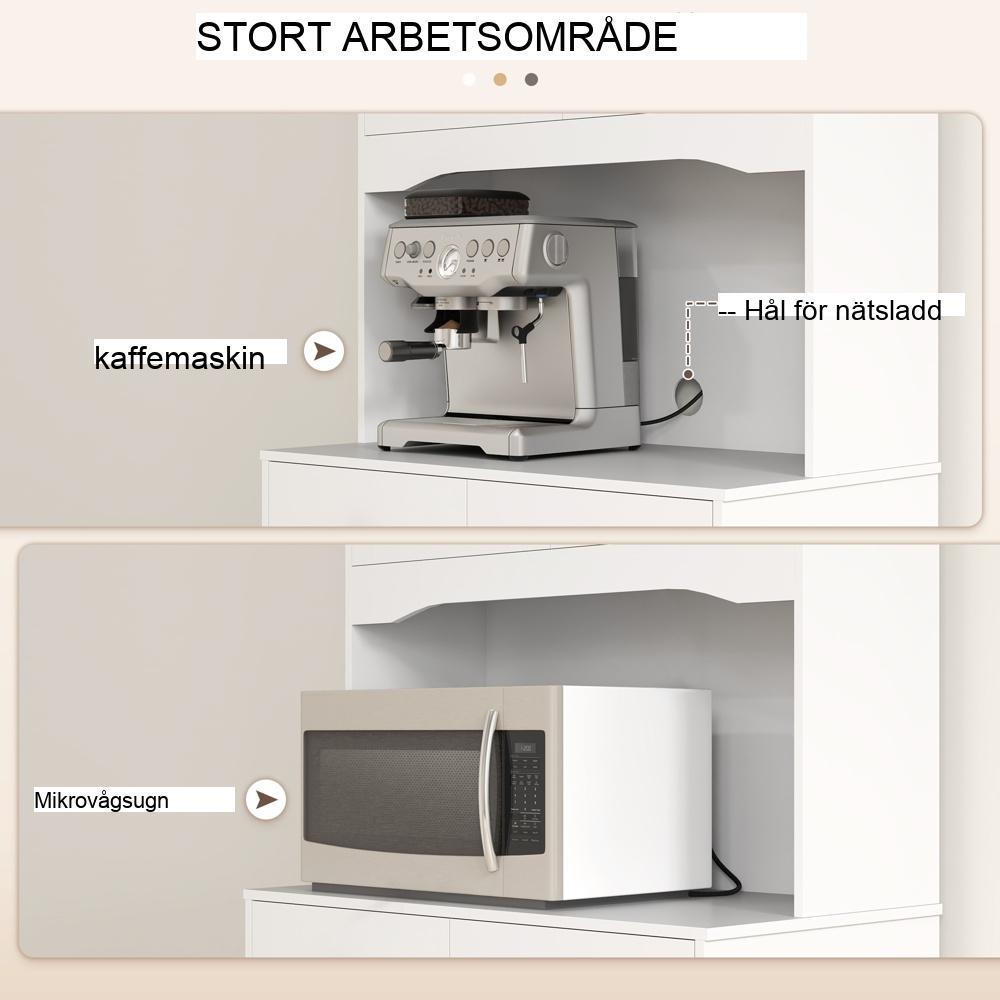 Vitt köksskåp med mikrovågshylla, ställbara hyllor och förvaringslådor