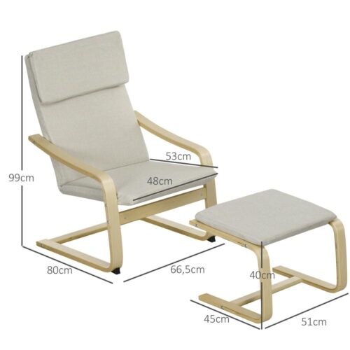 Cream White Linne Lounge Chair Set med pall, armstöd och nackstöd