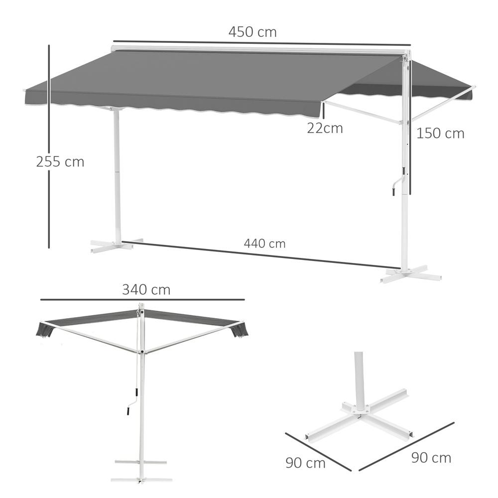 Fristående trädgårdsmarkis, 4,5×3,4m, grå, fällbara armar och vev