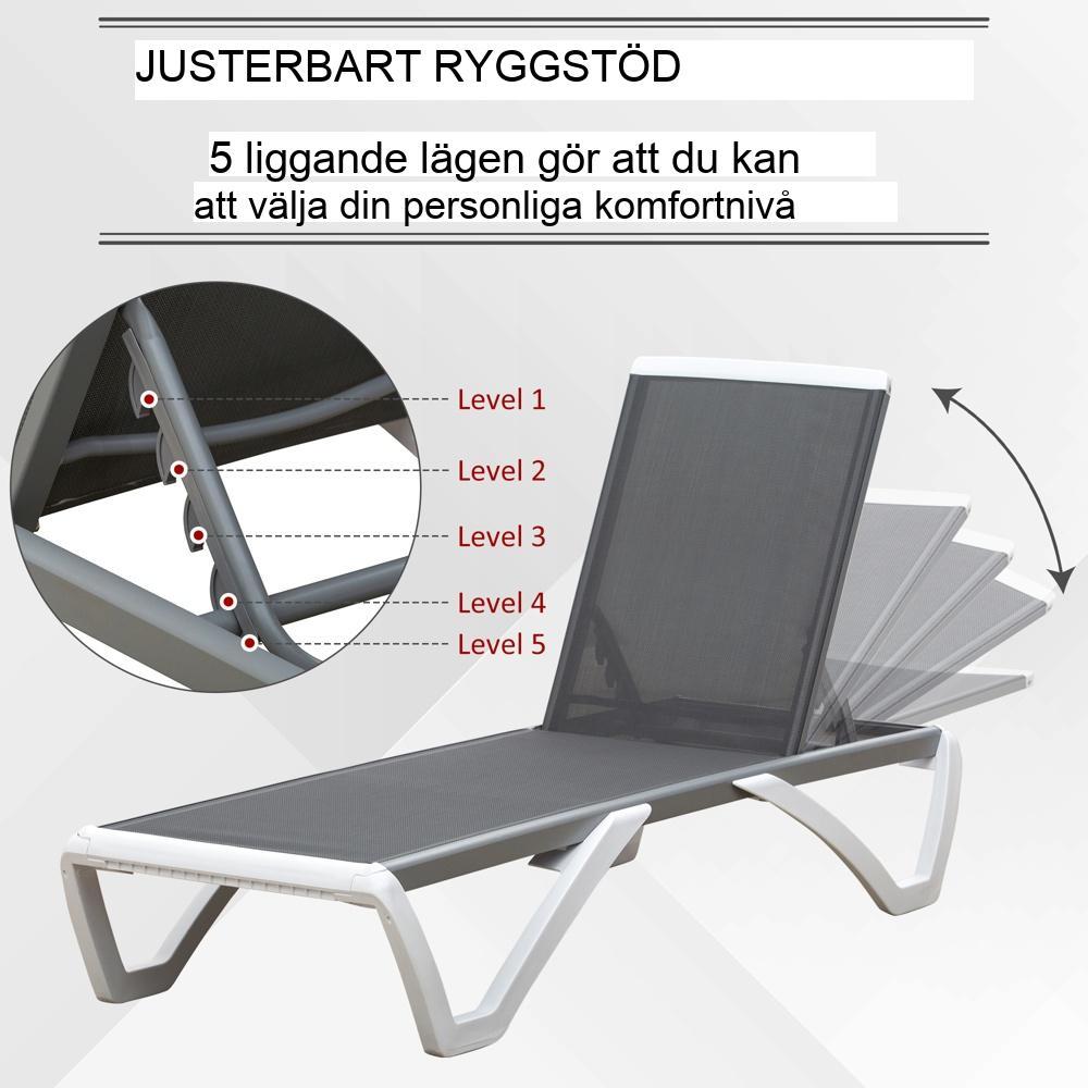 Justerbar solstol i aluminium, ergonomiskt textiltyg, grå+vit 5-vägs ryggstödsstol, avkopplande trädgårdsstol Utemöbler