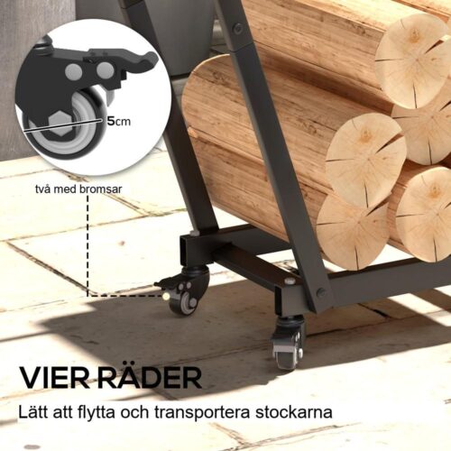 Trapetsformad vedhylla med hjul – svart metall, rymmer 50 kg