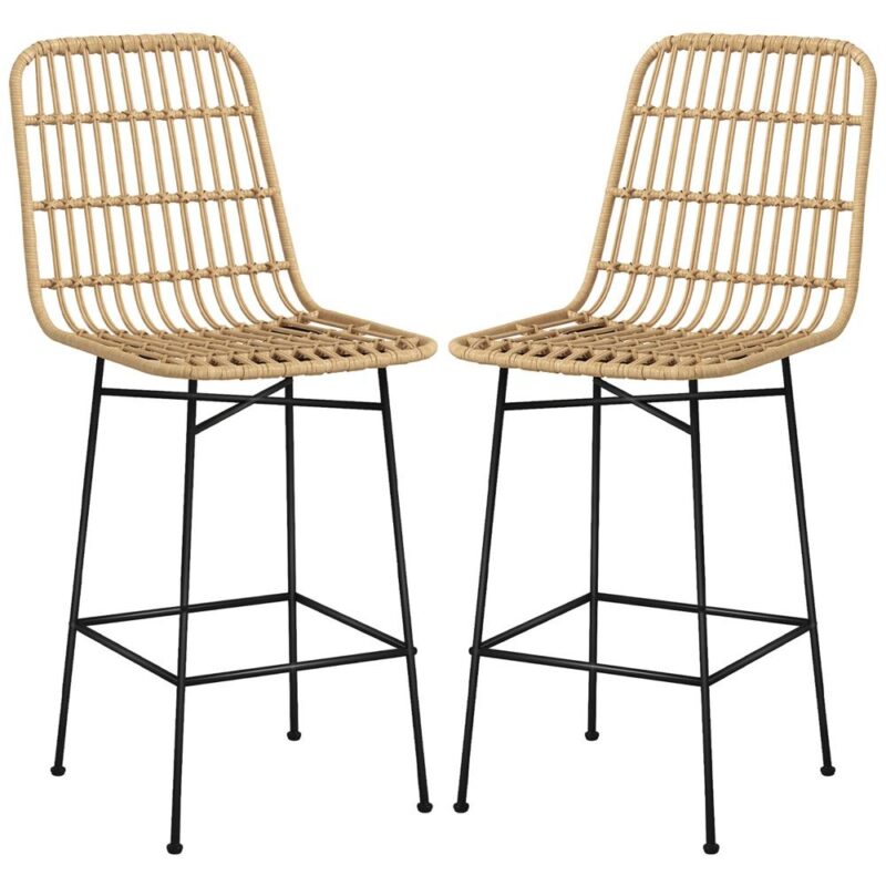 Boho Rattan Barstolar Set med 2 – Bekväma och snygga bänkstolar (naturlig/svart)