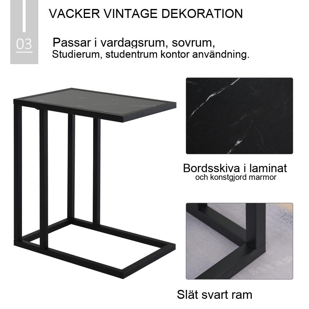 Svart C-format sidobord med marmorlook och metallram