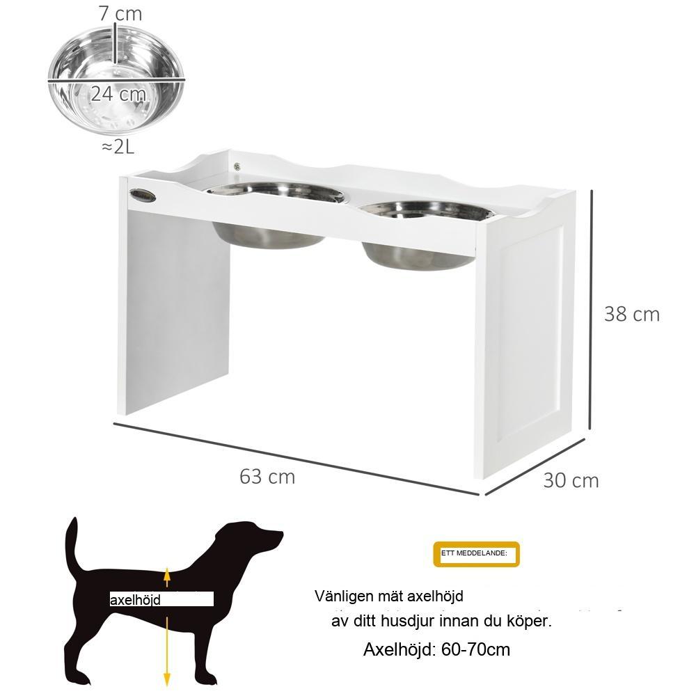 Vit upphöjd hundskålsmatare, rostfritt stål, 2x2L kapacitet för stora hundar