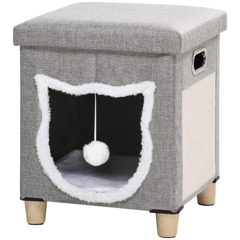 Grey Cat Cave Ottoman: Plyschkudde, skrapmatta och lekboll