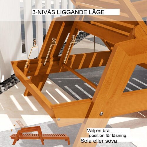 Justerbar solstol i trä med armstöd, väderbeständig utomhusstol för avkopplingsstol för balkongterrassträdgårdar (upp till 120 kg)