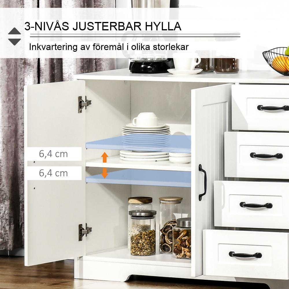 Vitt sidoskåp med 4 lådor, justerbar hylla och anti-lutningsskydd