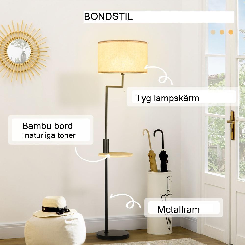 Modern golvlampa med hylla, USB-laddning och krämfärgad linneskärm