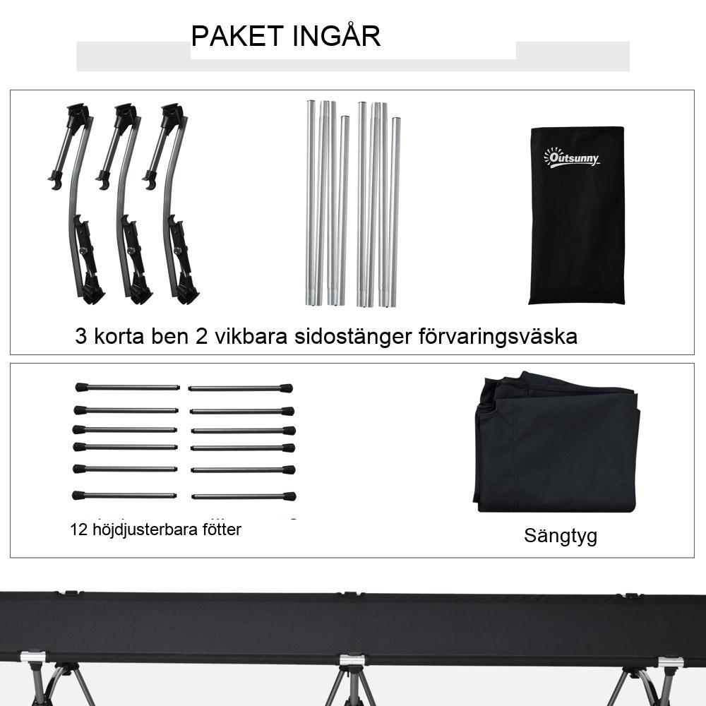 Justerbar campingsäng i aluminium, svart, rymmer upp till 150 kg