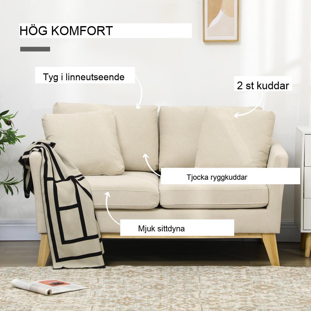 Loveseat-soffa i beige linnelook, bekväm 2-sits med kuddar, upp till 150 kg kapacitet