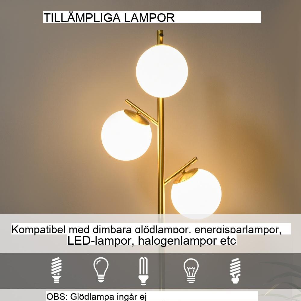 Modern 3-ljus golvlampa i glas – guld, 169 cm, E27-sockel, 40W Max