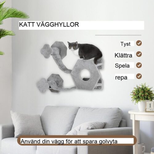 Utrymmesbesparande kattklättervägg med lekstuga, stegar och leksaksboll