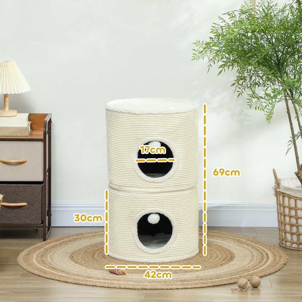 Creme White Cat Barrel Tower med 2 grottor, skrapstolpar och lekbollar (upp till 5 kg)