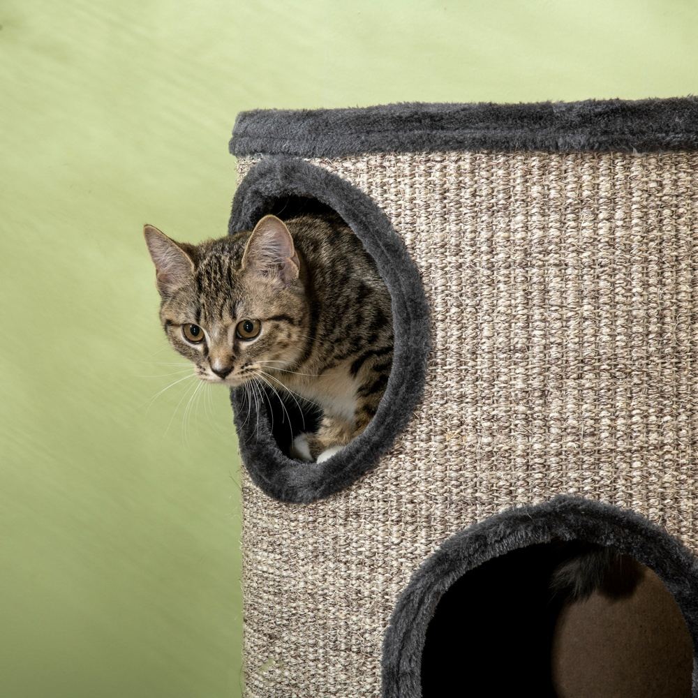 Kattträd med skraptunna med 3 nivåer, grottor och sisalskrapstolpe grå