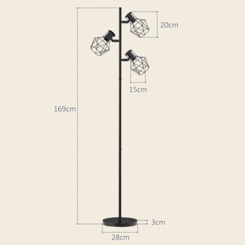 Svart modern 3-ljus justerbar golvlampa för vardagsrum