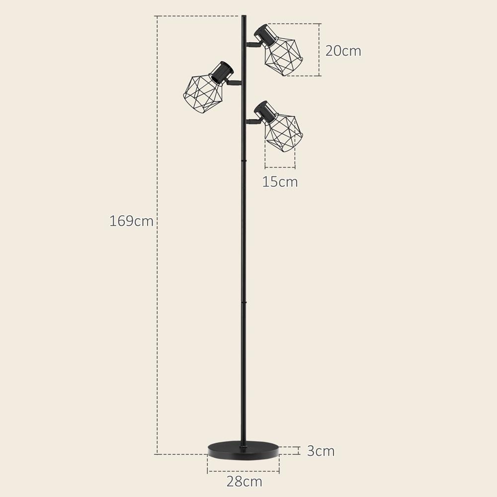 Svart modern 3-ljus justerbar golvlampa för vardagsrum