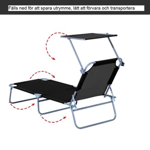 Svart hopfällbar trädgårdsstol med solskydd, justerbart ryggstöd och skärm för terrass eller balkong